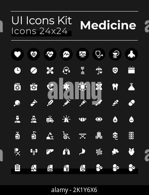 Medicine related white glyph ui icons set for dark mode Stock Vector