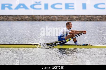 Racice, Czech Republic. 21st Sep, 2022. Antonios Papakonstantinu of Greece competing during Day 4 of the 2022 World Rowing Championships at the Labe Arena Racice on September 21, 2022 in Racice, Czech Republic. Credit: Ondrej Hajek/CTK Photo/Alamy Live News Stock Photo