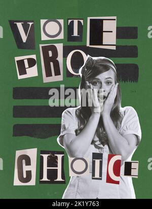 Contemporary art collage. Young woman over green background. Freedom of woman's rights. Abortion is ok Stock Photo