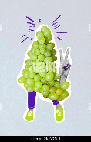 Vertical collage picture of grape human legs arm fingers demonstrate v-sign isolated on creative background Stock Photo