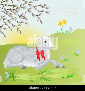 Easter lamb on the meadow background vector Stock Vector