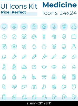 Medicine related pixel perfect gradient linear ui icons set Stock Vector