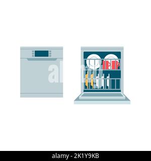 Closed and open dishwasher on white background, household appliances concept Stock Vector