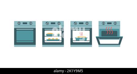 Oven icons set on white background: closed oven, baking and open Stock Vector