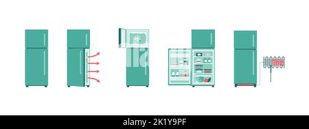 Fridge maintenance and food storage icon set, isolated on white background Stock Vector