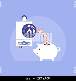 Save money on your heating bill: energy efficient boiler and coins falling in a piggy bank Stock Vector