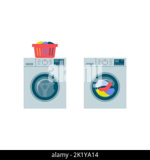 Washing machine washing laundry on white background, household appliances concept Stock Vector