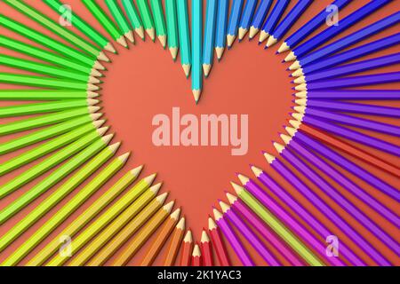 3d rendering coloured pencils in the shape of a heart, red background. Back to school time Stock Photo