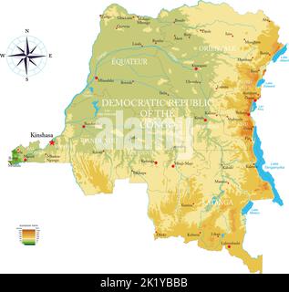 Highly detailed physical map of D.R. Congo in vector format,with all the relief forms,regions and big cities. Stock Vector