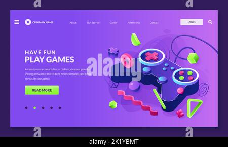 Play video game concept. Vector 3d isometric illustration of gaming controller or joystick for game console. Poster or banner neon background design Stock Vector