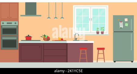 Modern kitchen interior with food and accessories Stock Vector