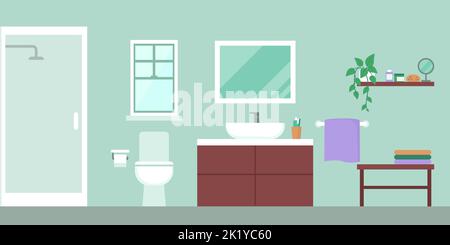 Modern bathroom interior with shower, toilet, sink and detergents Stock Vector