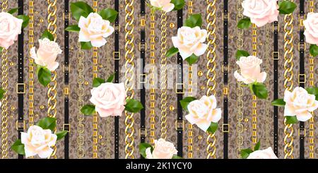 Trendy repeating print with roses. Belts, white roses and gold chains on textured leopard seamless pattern for fabric. Stock Vector