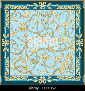 Baroque gold decor and chains on blue seamless background for fabric. Trendy repeating print for headscarf. Square pattern Stock Vector