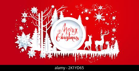 Red realistic paper cut banner with snowy forest with deer. Seasonal winter background with space for text. Stock Vector