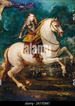The young King Charles II of Spain (1661-1700), (Carlos II of Spain), equestrian portrait painting in oil on canvas by Sebastián Herrera Barnuevo, 1666-1671 Stock Photo