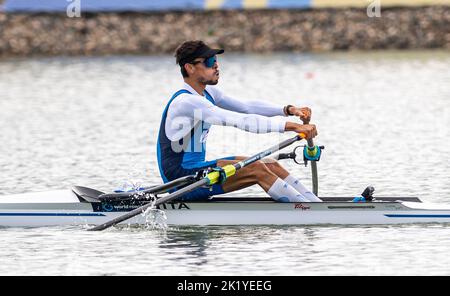 Racice, Czech Republic. 21st Sep, 2022. Gabriel Soares of Italy competing during Day 4 of the 2022 World Rowing Championships at the Labe Arena Racice on September 21, 2022 in Racice, Czech Republic. Credit: Ondrej Hajek/CTK Photo/Alamy Live News Stock Photo