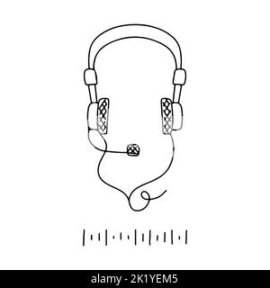 Podcast equipment. Doodle headphones isolated on white background. Design element for emblem, sign, logo, labe. Vector illustration Stock Vector