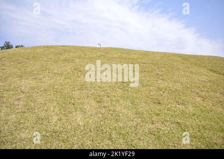 Grass background. Blue sky background with green trees and lamp post. Countryside. Brazilian winter. panoramic. wide angle. Stock Photo