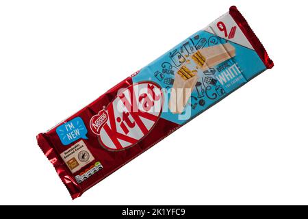 Packet of Nestle White KitKat isolated on white background - Kit Kat kitkats kit kats - crispy wafer fingers covered with white chocolate Stock Photo