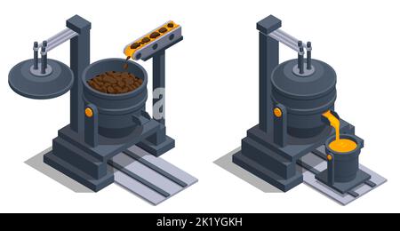 Isometric icons set with Blast furnace slag and pig iron tapping. Iron ...