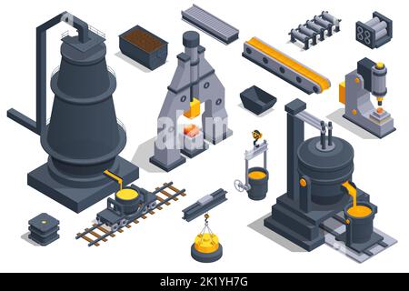 Isometric icons set with Blast furnace slag and pig iron tapping. Iron and steel Industry. Hot steel pouring in steel plant Stock Vector