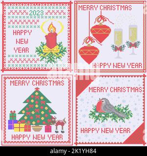 Merry Christmas and Happy New Year greeting cards. Cross stitch embroidery, vector illustration. Stock Vector