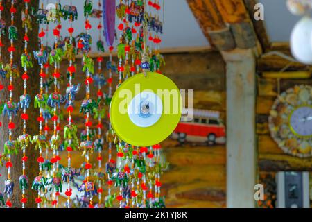 SIRINCE, Izmir, Turkey - January 16, 2022. Various Turkish traditional souvenirs in street shops. Stock Photo