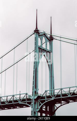 A vertical shot of St. John's Bridge. Portland, Oregon, United States. Stock Photo