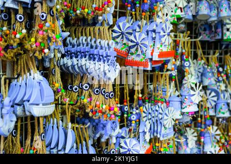 SIRINCE, Izmir, Turkey - January 16, 2022. Various Turkish traditional souvenirs in street shops. Stock Photo