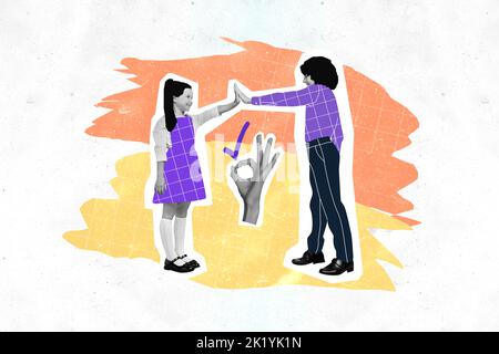 Composite collage image of two small kids black white gamma give high five arm demonstrate okey symbol isolated on painted background Stock Photo