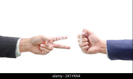 Rock Paper Scissors concept - Business hands isolated on white background Stock Photo