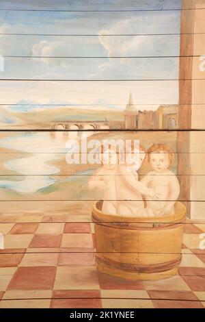 Trois enfants dans une bassine en bois. Détails. Saint-Nicolas de Myre. Peinture murale restaurée par Edouard Borga. Eglise Saint-Nicolas de Combloux. Stock Photo