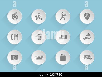 food delivery vector icons on round puffy paper circles Stock Vector