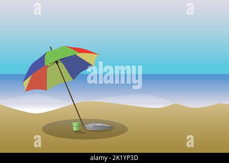 A beach and the sea landscape with a colorful parasol and a toy bucket under it. The sea is flat and the sky is blue. Stock Vector