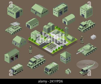 Set of army armed troop isometric armed military transport objects Stock Vector