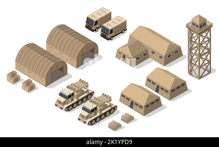 Set of army armed troop isometric armed military transport objects Stock Vector