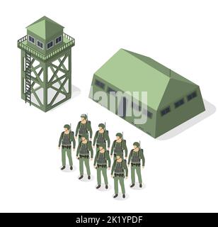 Set of army armed troop soldiers isometric armed military objects Stock Vector
