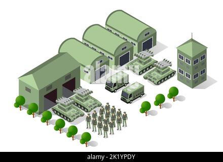 Set of army armed troop isometric armed military transport objects Stock Vector
