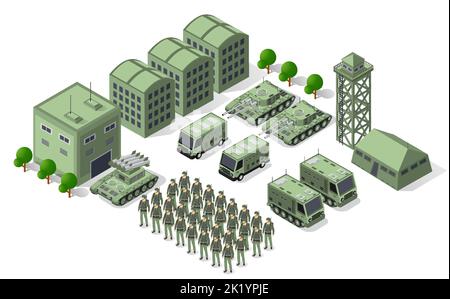 Set of army armed troop isometric armed military transport objects Stock Vector