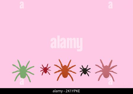 colorful spiders at the bottom of pink wallpaper, creative art design, halloween minimal concept, copy space, flat lay Stock Photo