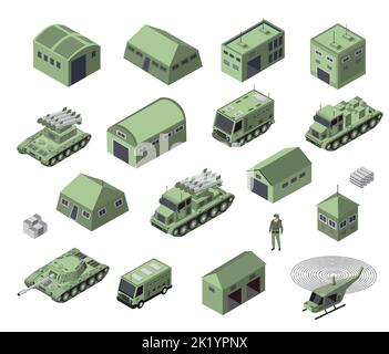 Set of army armed troop isometric armed military transport objects Stock Vector