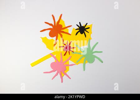 colorful spiders on maple leaf, white background, creative art design, halloween concept, flat lay, paper craft Stock Photo