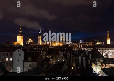 Tallinn, Estonia -  January 4, 2020: night panoramic view of the skyline of Tallinn with medieval towers and walls Stock Photo