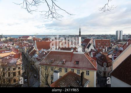 Tallinn, Estonia -  January 4, 2020: panoramic view of the city with medieval towers and walls, Stock Photo