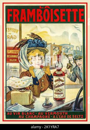 Vintage 1900s French Drinks Poster La Framboisette a rasberry liqueur from Dijon that is delaying a train as a French lady passenger takes time to savour her drink. Au Vin Blanc,Au Vermouth, Au Champagne A L'Eau de Seltz Stock Photo