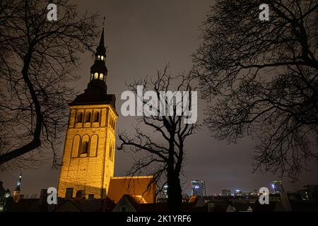 Tallinn, Estonia -  January 4, 2020: night scenic view of  St Nicholas Church in the old part of the city centre Stock Photo