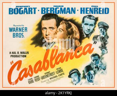 CASABLANCA 1940's Vintage Film Movie Poster Casablanca a 1942 American romantic drama film directed by Michael Curtiz. The film stars Humphrey Bogart, Ingrid Bergman, and Paul Henreid; it also features Claude Rains, Conrad Veidt, Sydney Greenstreet, Peter Lorre, and Dooley Wilson. Set during World War II, it focuses on an American expatriate who must choose between his love for a woman and helping her and her husband, a Czech Resistance leader, escape from the Vichy-controlled city of Casablanca to continue his fight against the Nazis Stock Photo