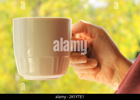 Woman's hand with a white cup close-up on a yellow-green autumn background. Stock Photo