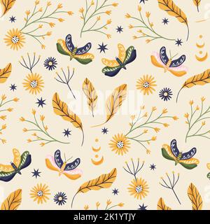Boho moth floral seamless pattern. Vector flower magic mystic boho background modern art. Stock Vector